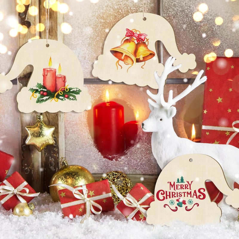 Sophena Large Christmas Wooden Ornaments to Paint 10Pcs, DIY Blank Unfinished Santa Hat Wood Cutout Ornament for Crafts Hanging Decorations, Halloween Thanksgiving Wedding Birthday Party Decoration - Image 4